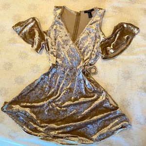 velvety gold, drop shoulder, wrap mini dress
